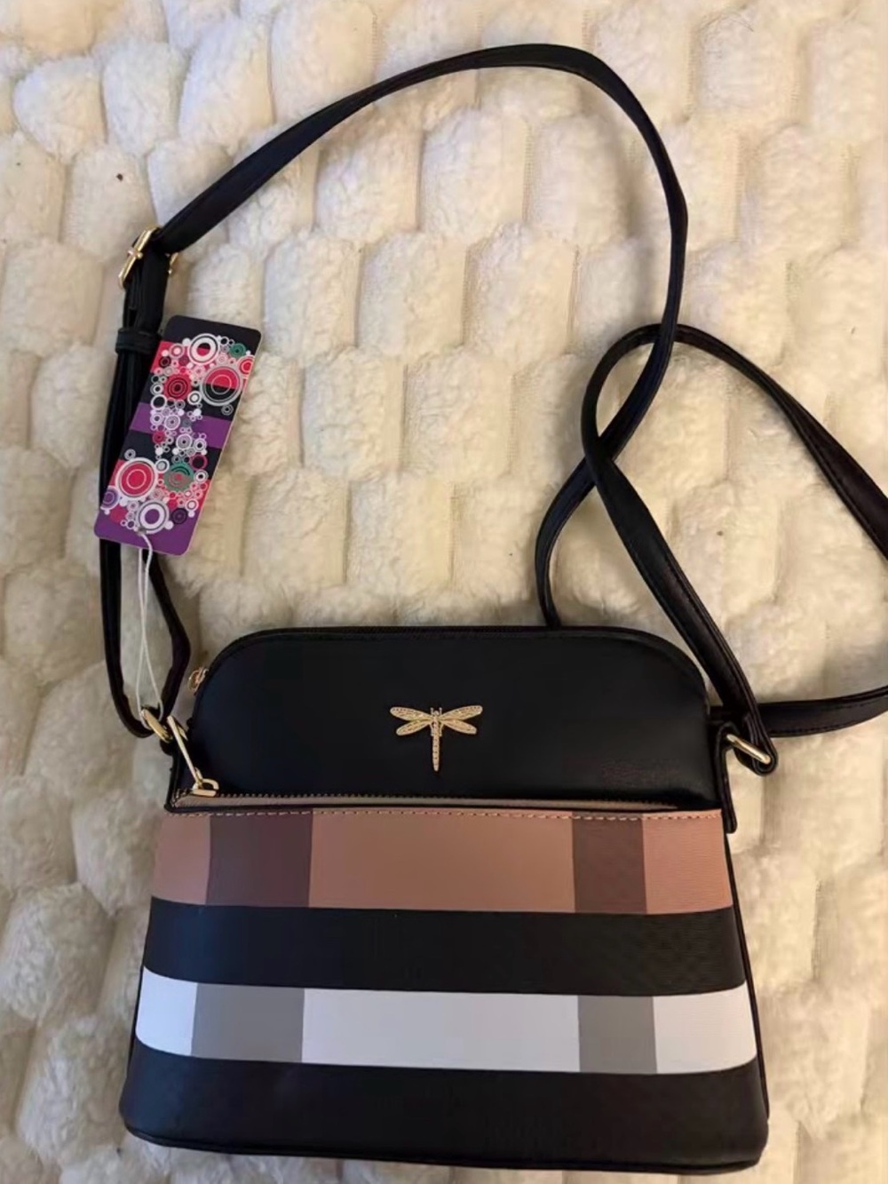Black and Blush Striped Crossbody Bag with Gold Dragonfly